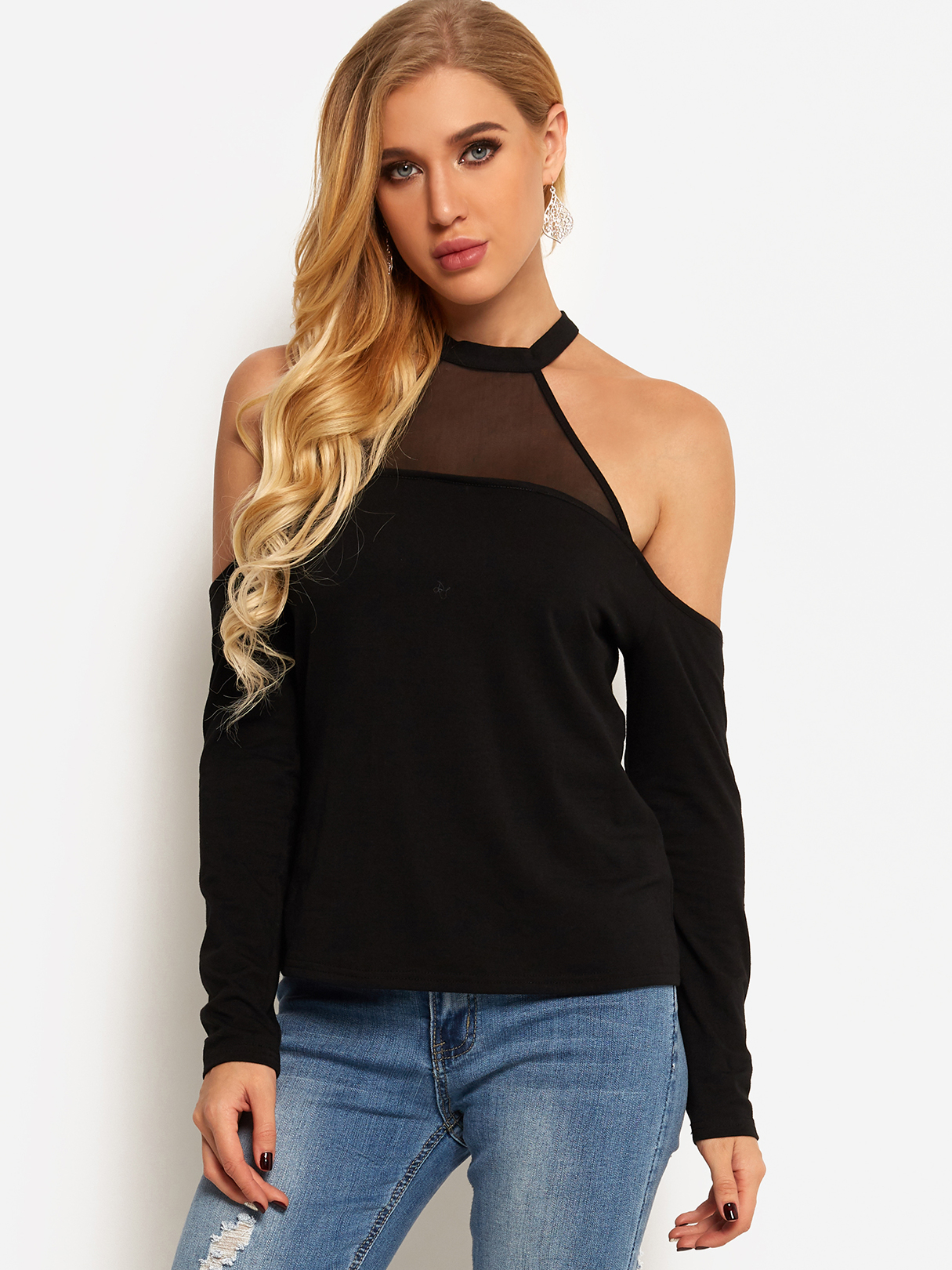 Black Net Yarn Cold Shoulder Long Sleeves Top