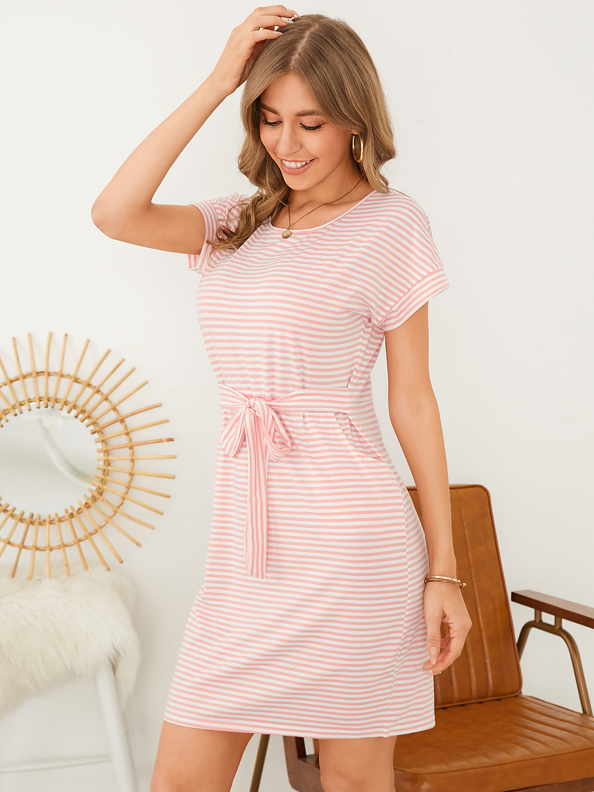Striped Round Neck Side Pocket Tie-up Design Short Sleeves Mini Dress