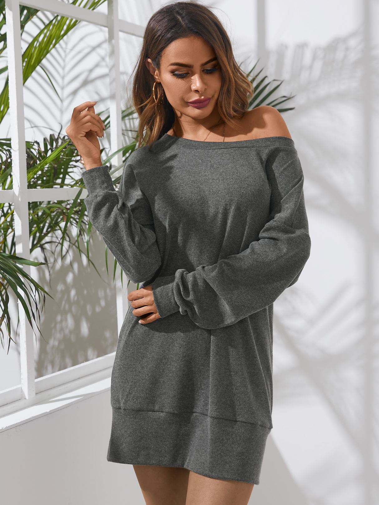YOINS Oversized Dark Grey Crew Neck Long Sleeves Sweatshirt Dress