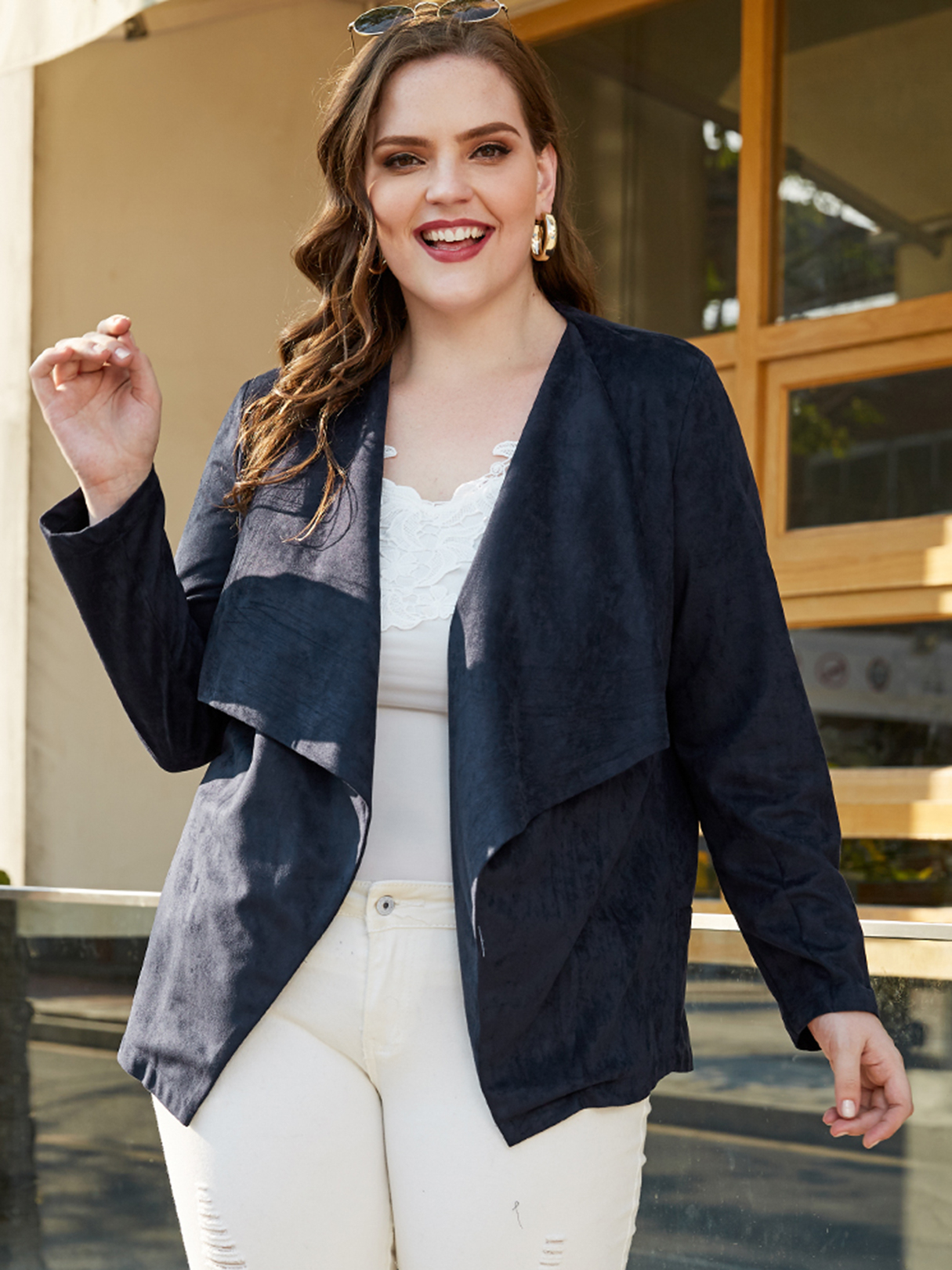 YOINS BASICS Plus Size Navy Lapel Collar Coat