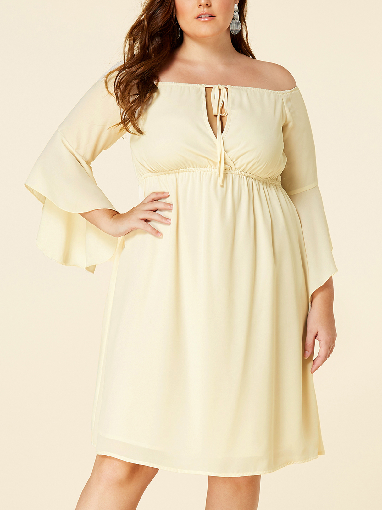 YOINS Plus Size Apricot Off The Shoulder Long Sleeves Dress
