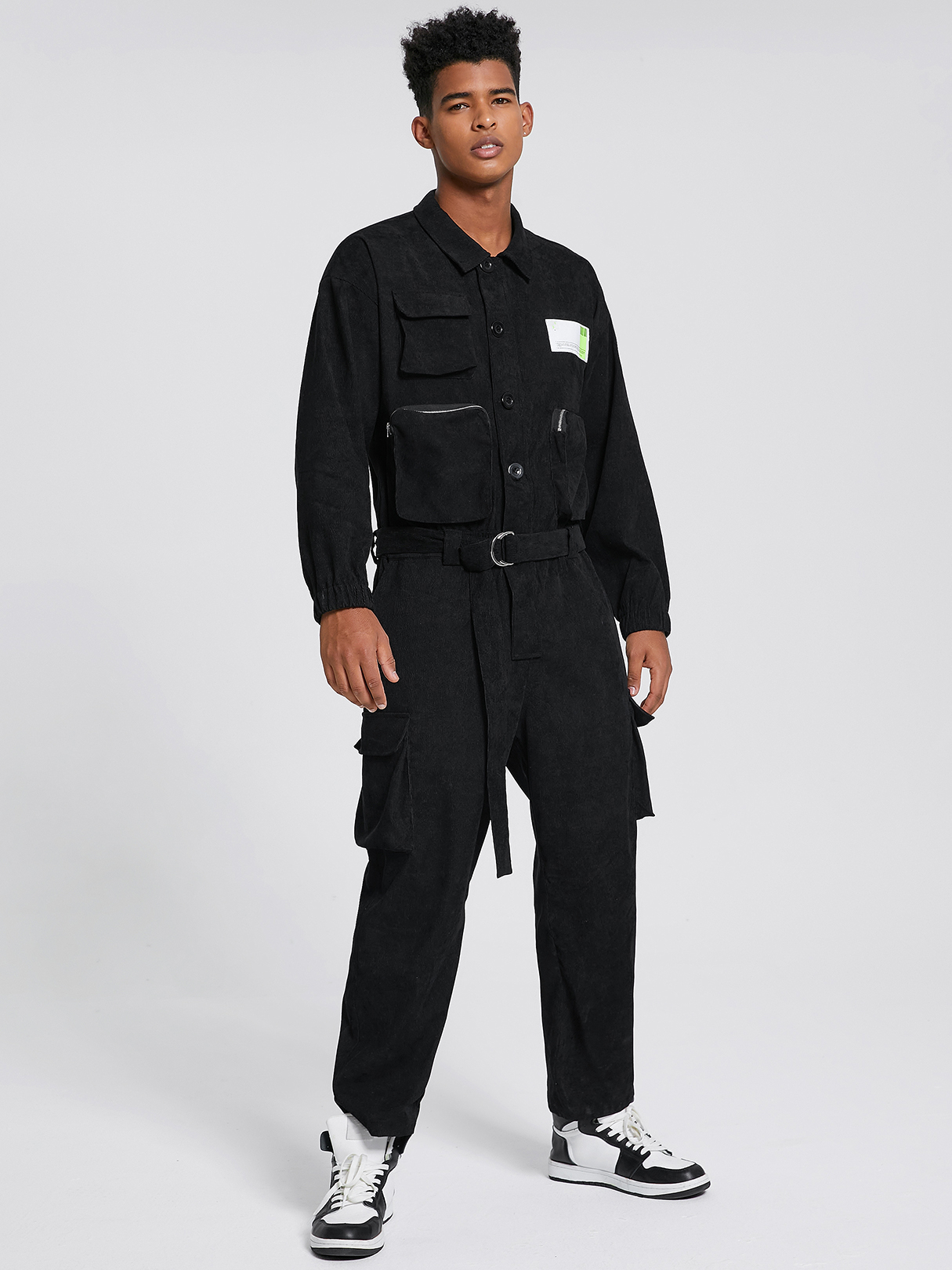 Men Hip Hop Style Multi-Pocket Belt Design Overalls Jumpsuit