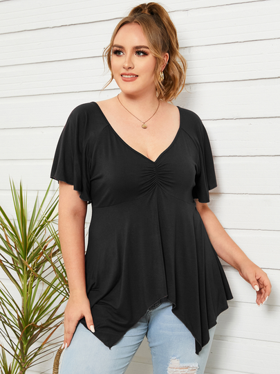 YOINS Plus Size V-neck Ruched Short Sleeves Tee