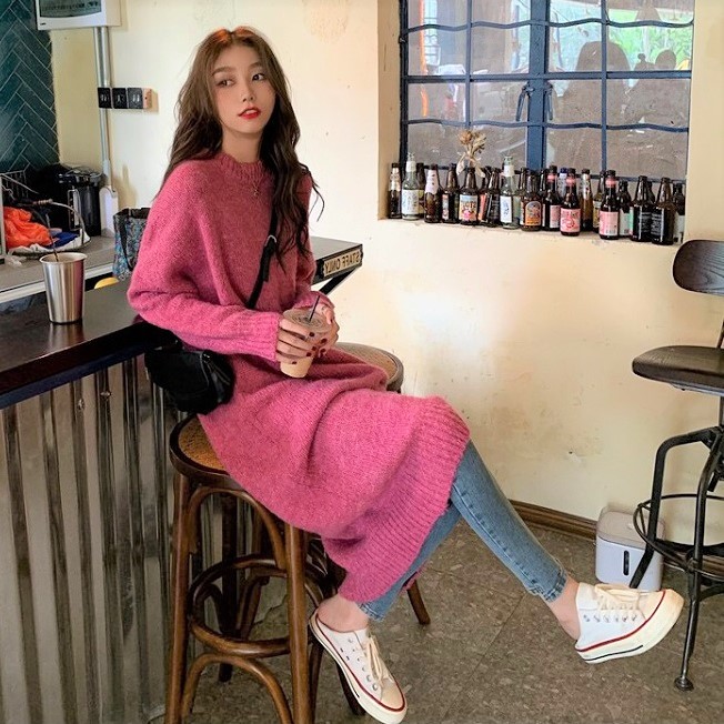 Bbuckkooki - Round-Neck Oversized Knit Dress - Blue/One Size