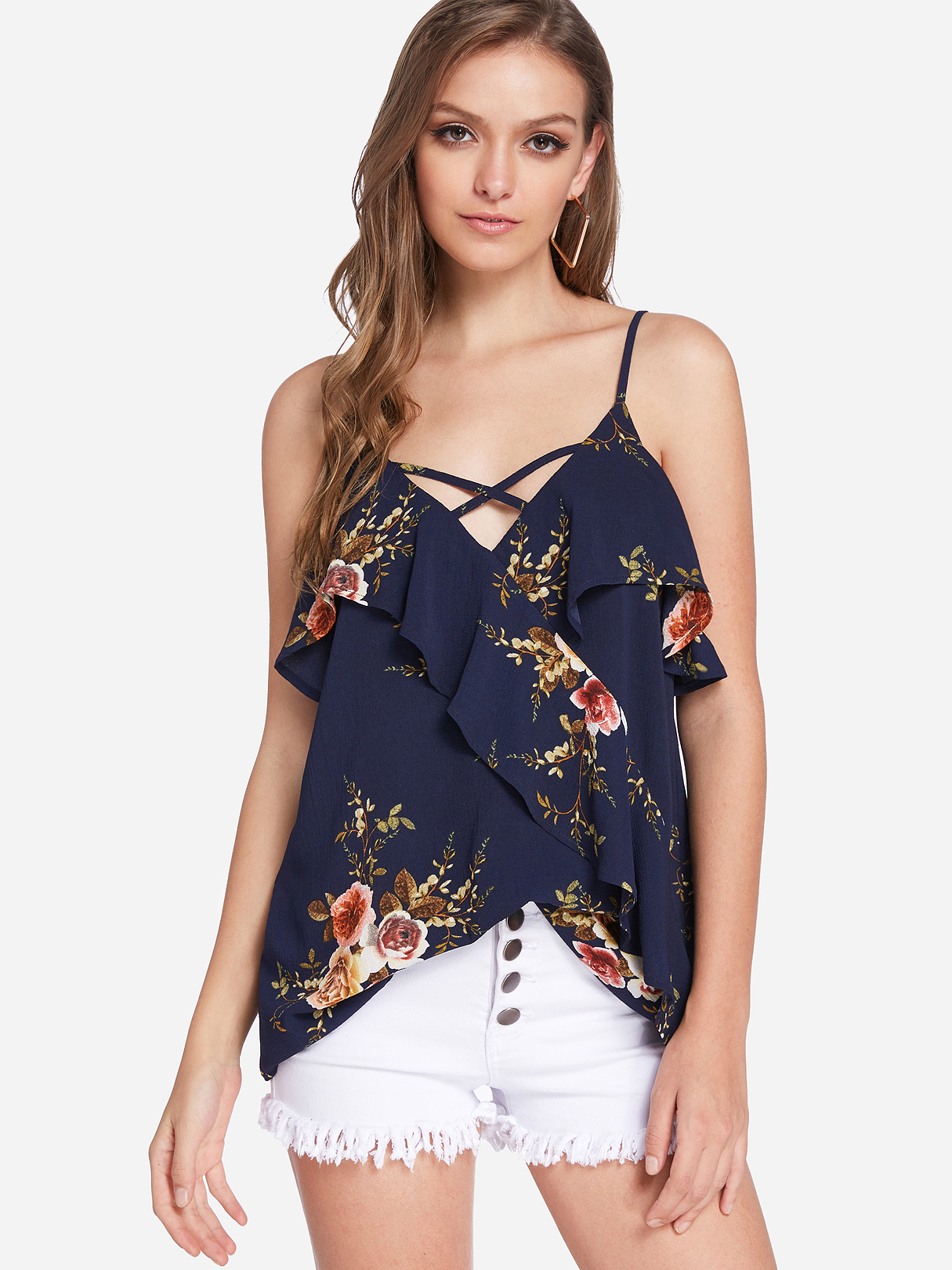 Navy Backless design Random Floral Print V-neck Sleeveless Camis