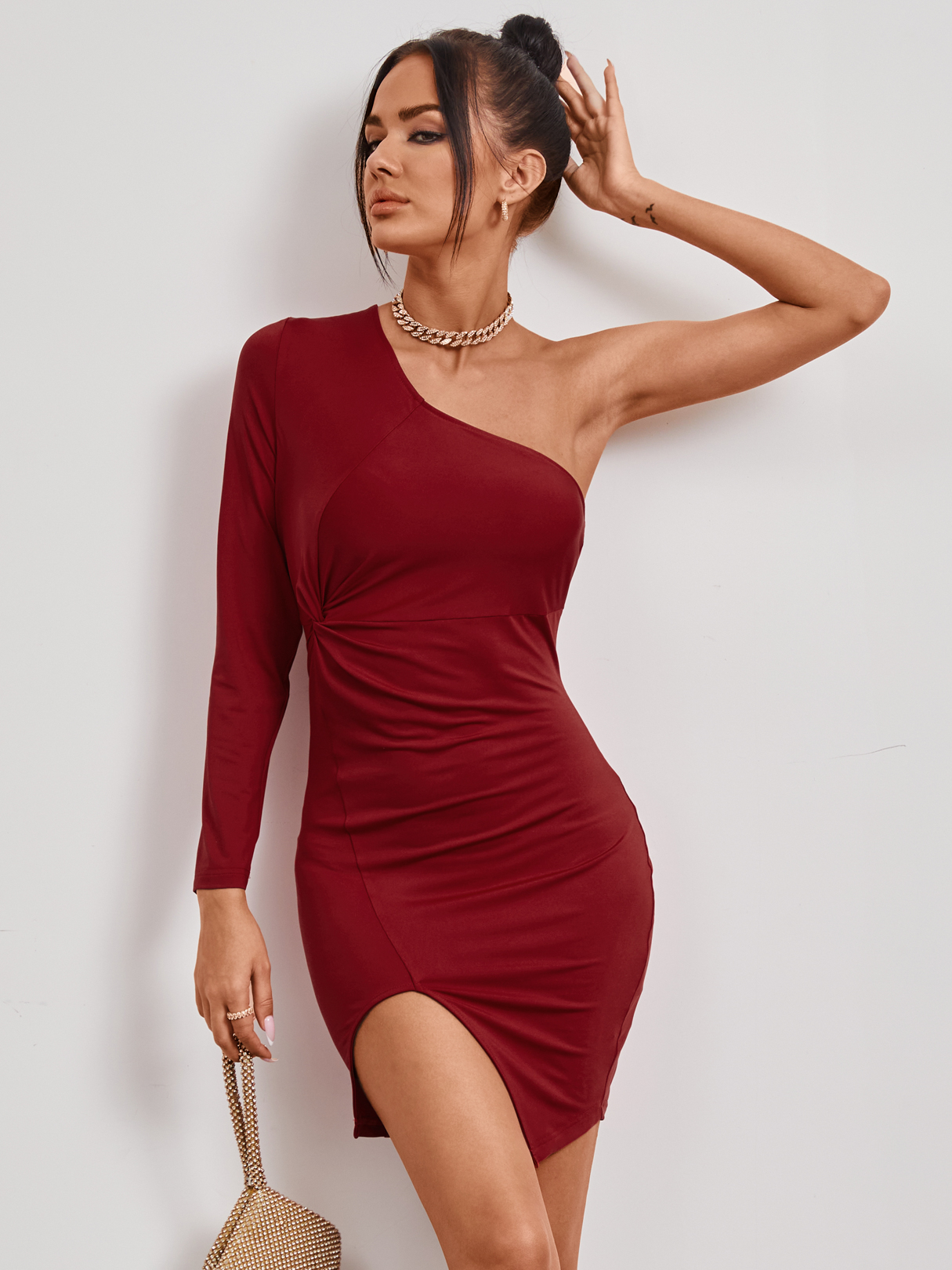 YOINS Burgundy Twist One Shoulder Slit Hem Long Sleeves Dress