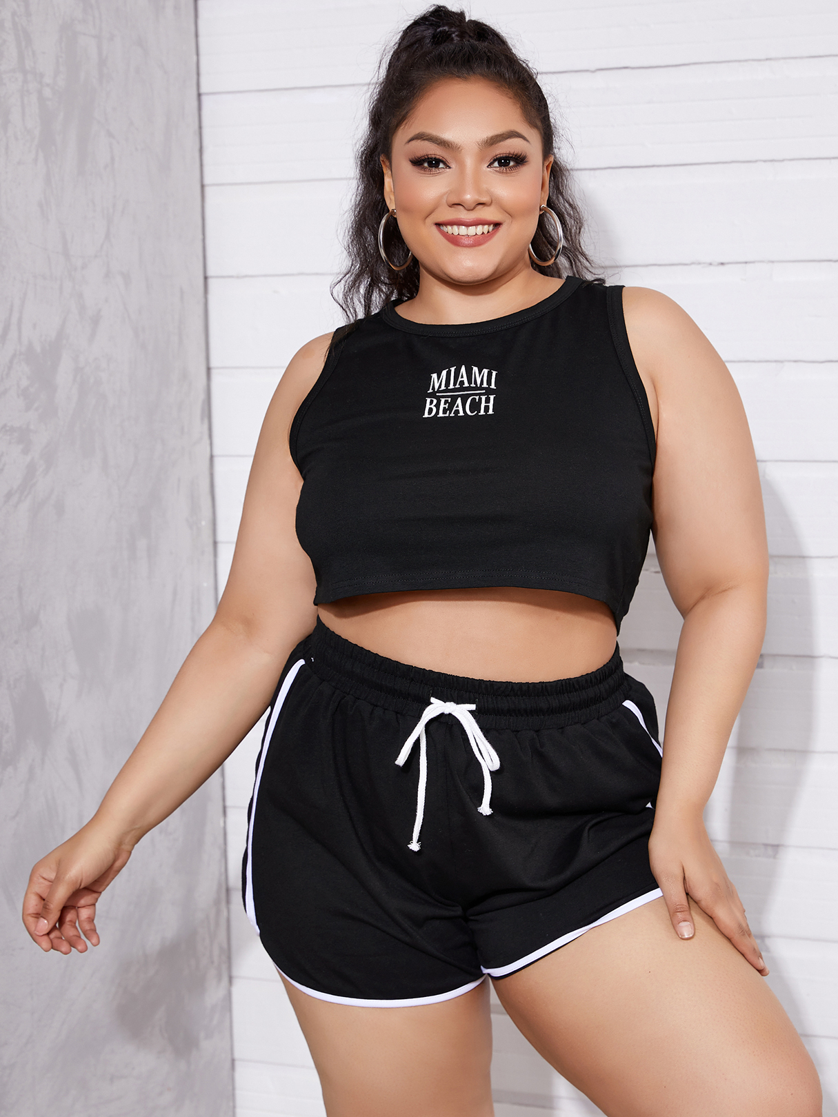 YOINS Plus Size Crew Neck Letter Drawstring Sleeveless Two Piece Outfit