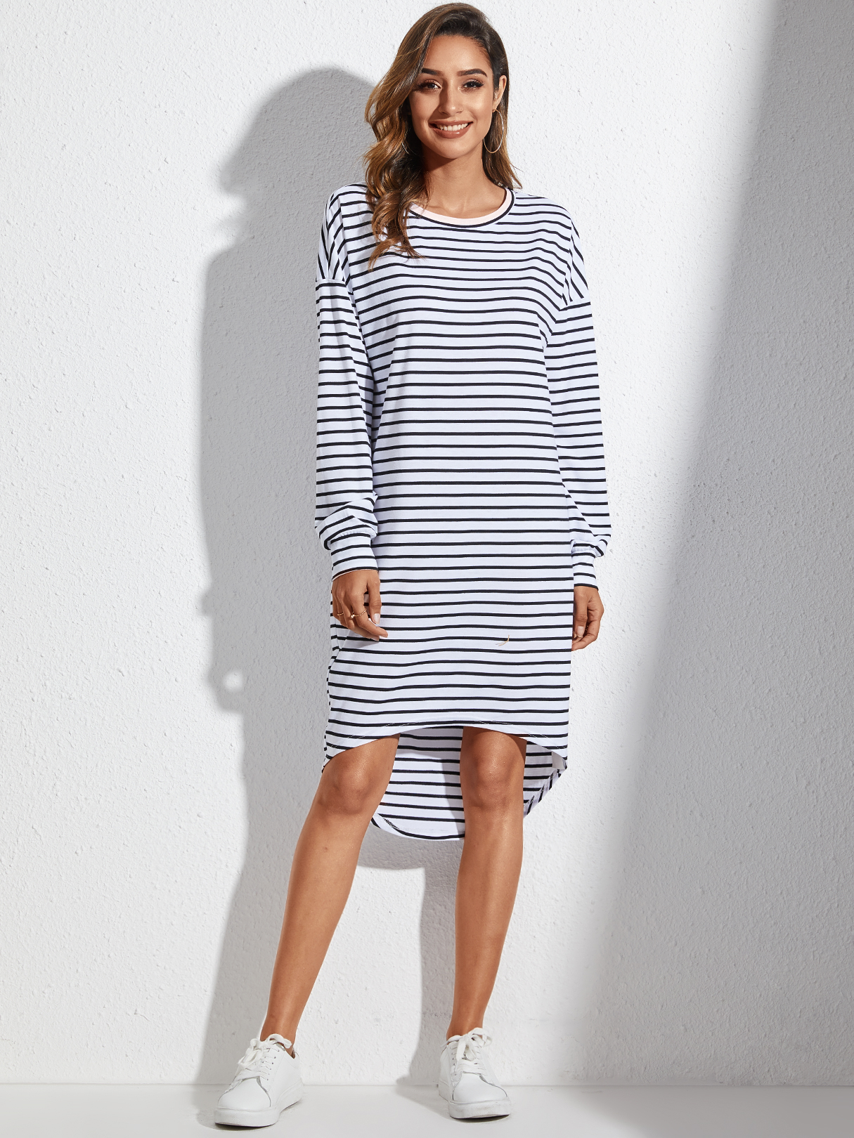 YOINS BASICS White Striped Round Neck Long Sleeves Dress