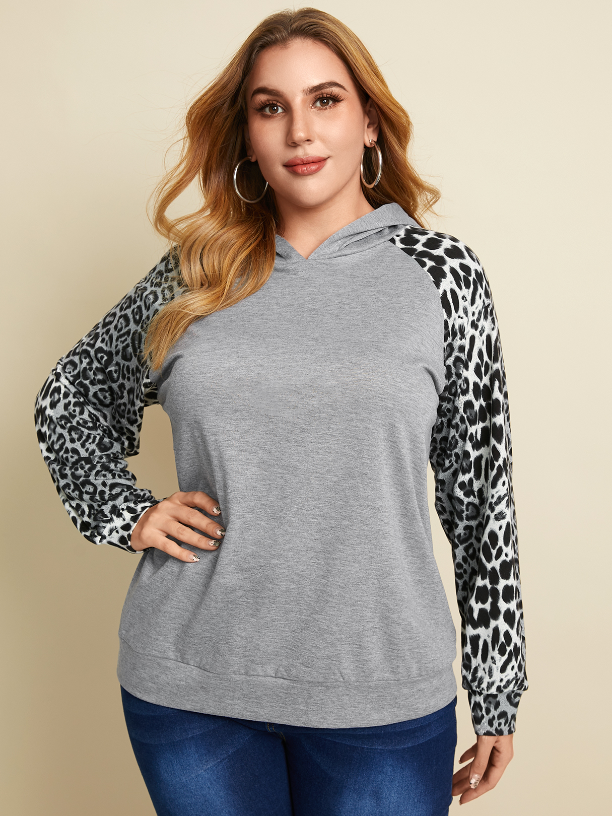 YOINS Plus Size Patchwork Leopard Hooded Design Long Sleeves Sweatshirt