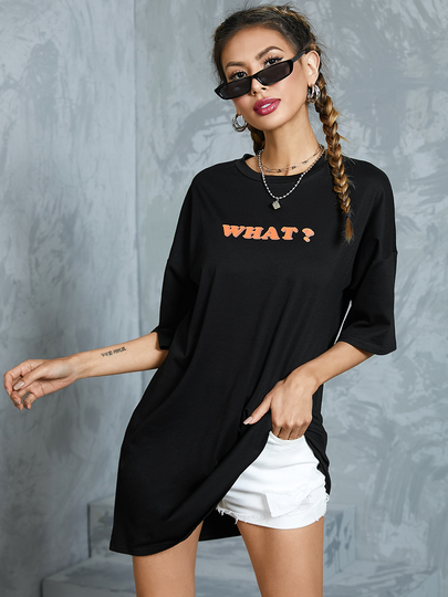 YOINS Black Letter Print Crew Neck Short Sleeves Tee