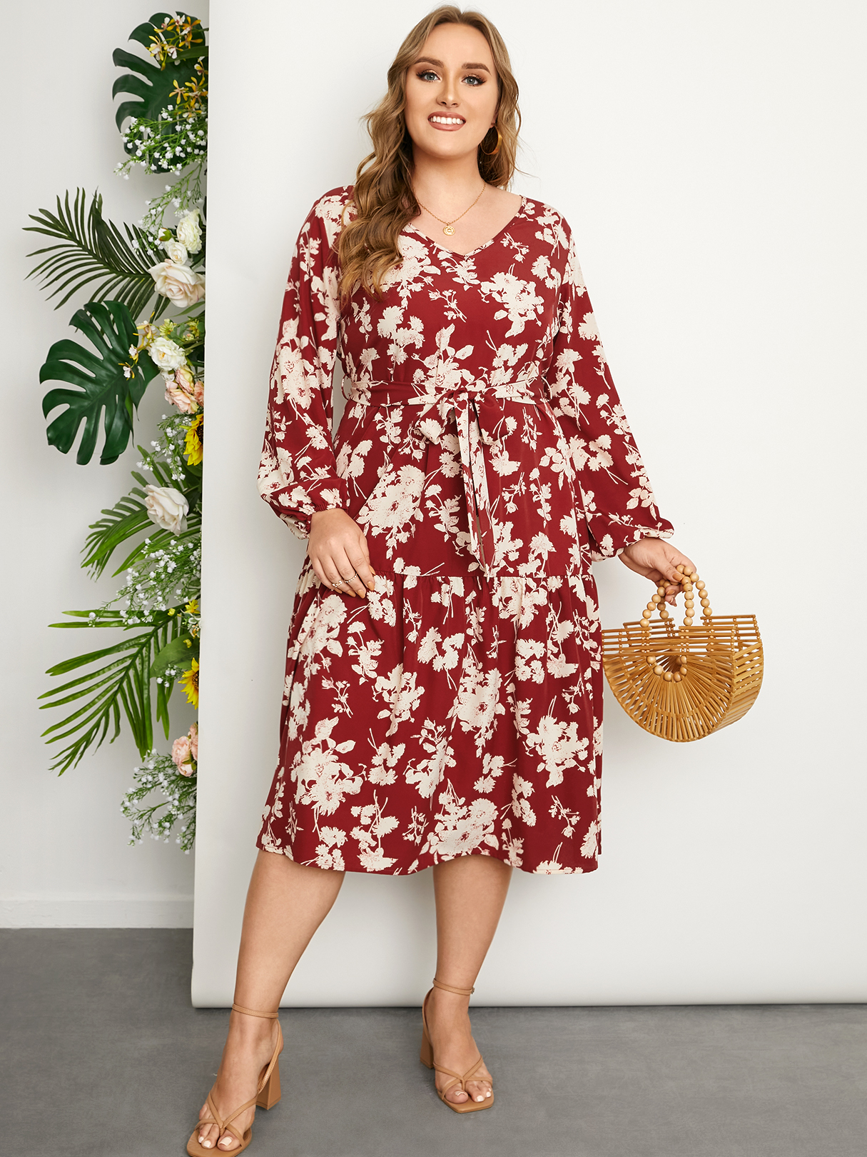 YOINS Plus Size V-neck Floral Print Elastic Waist Long Sleeves Dress