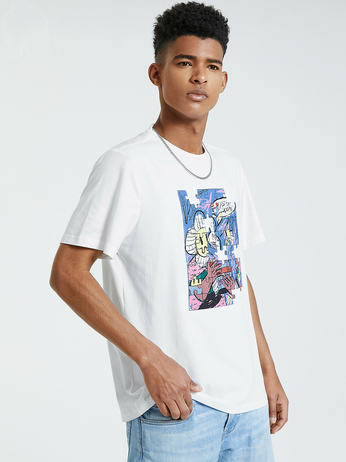 KOYYE Men Casual Cartoon Jigsaw Graphic T-Shirt