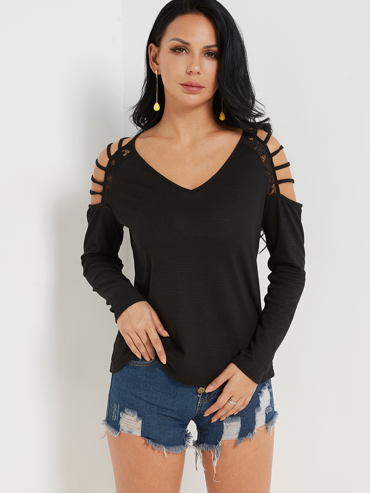 Black V-neck Ladder Cut Cold Shoulder Top