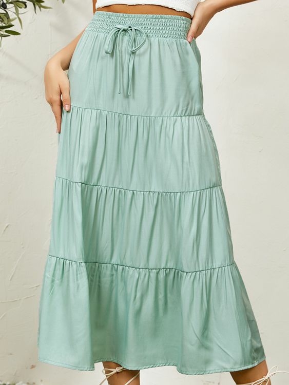 YOINS Green Tiered Design Drawstring Waist Maxi Skirt