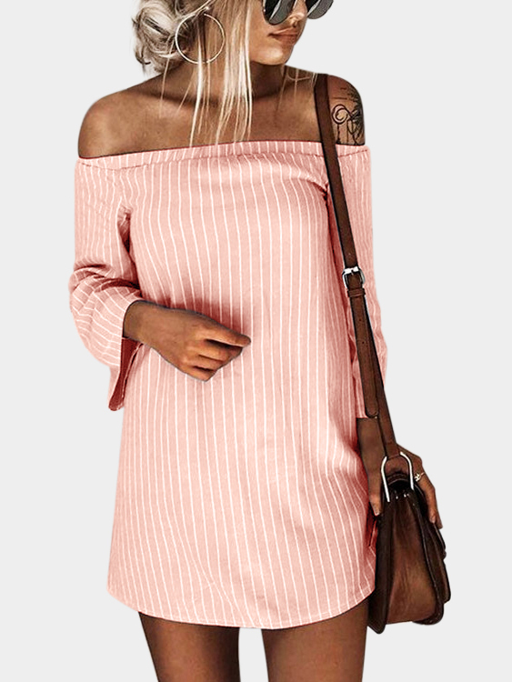 Pink Sexy Off Shoulder Lace Up Stripe Pattern Mini dress