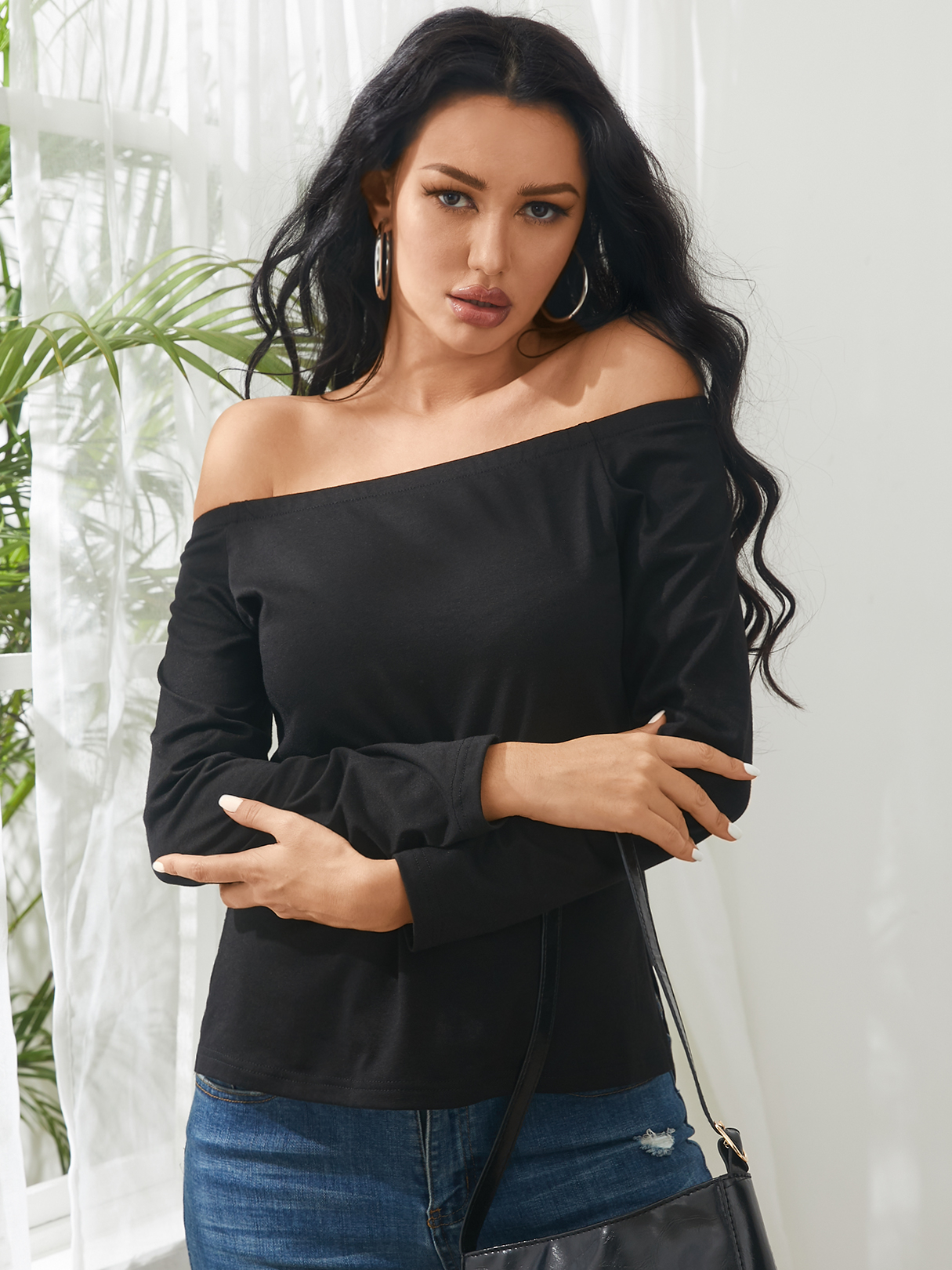 YOINS Black Slit Hem Off The Shoulder Long Sleeves Tee