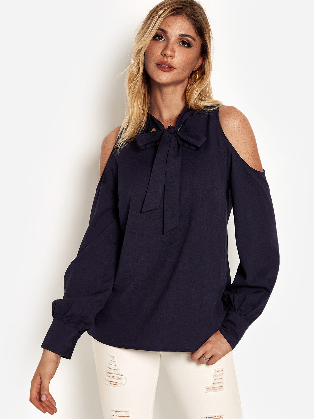 Navy Self-tie Design Cold Shoulder Long Sleeves Top