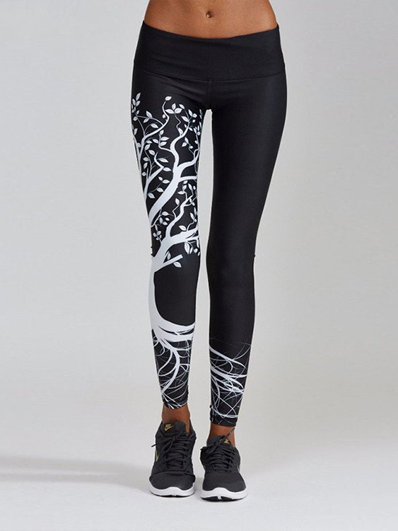 Active Random Floral Print Quick Drying High Waisted Leggings in Black