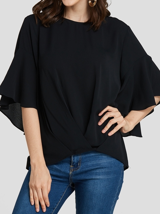 Black Round Neck Bell Sleeves Blouse