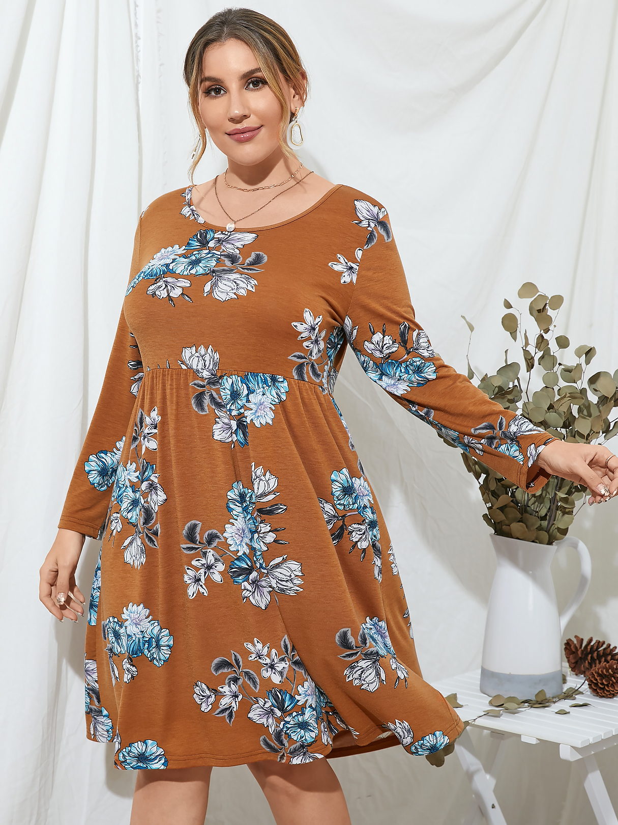 YOINS Plus Size Round Neck Floral Print Knit Long Sleeves Midi Dress
