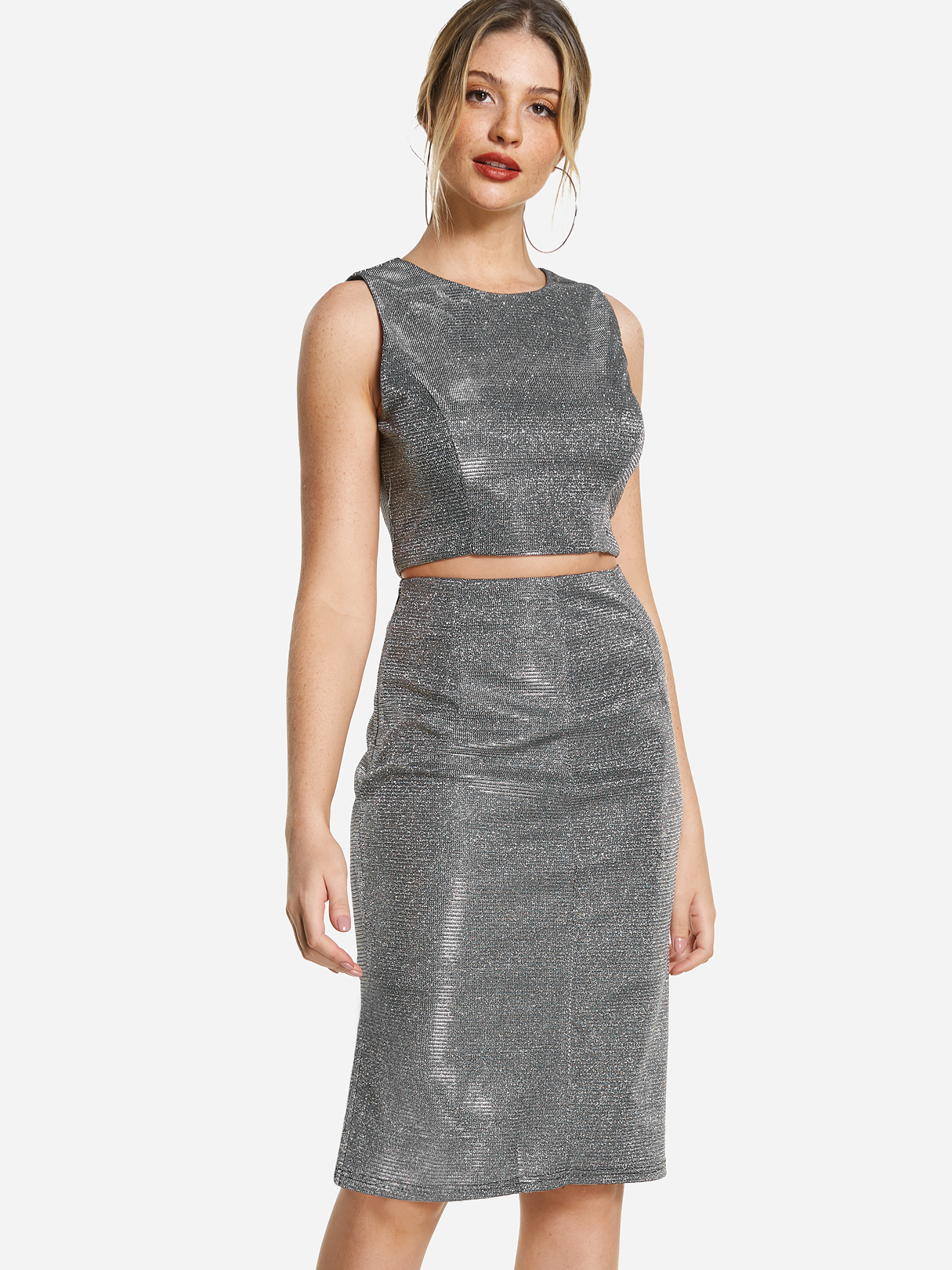 Grey Zip Design Round Neck Metallic Tank Top