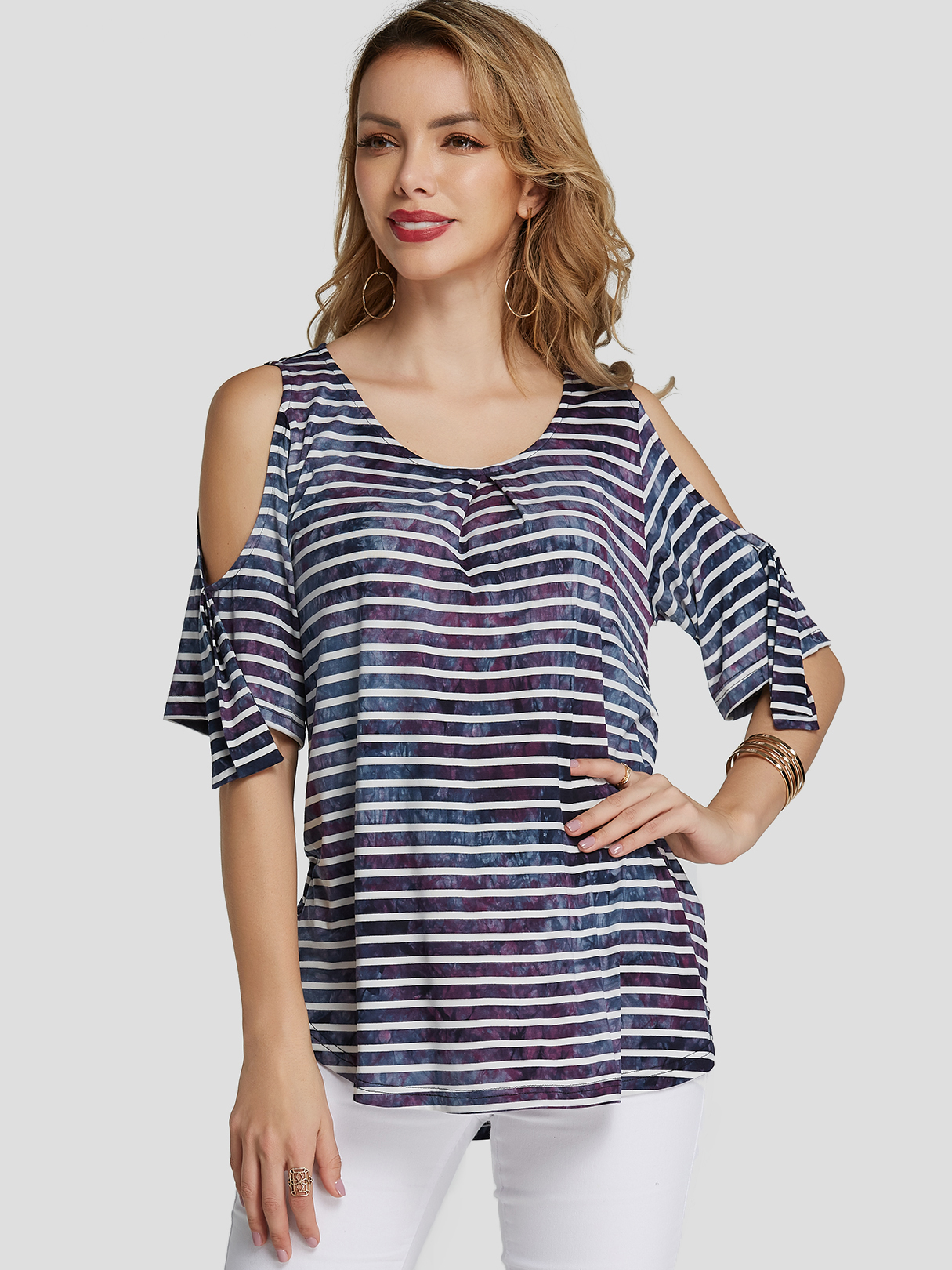 YOINS Multi Pleated Printed Cold Shoulder Fashion Tee