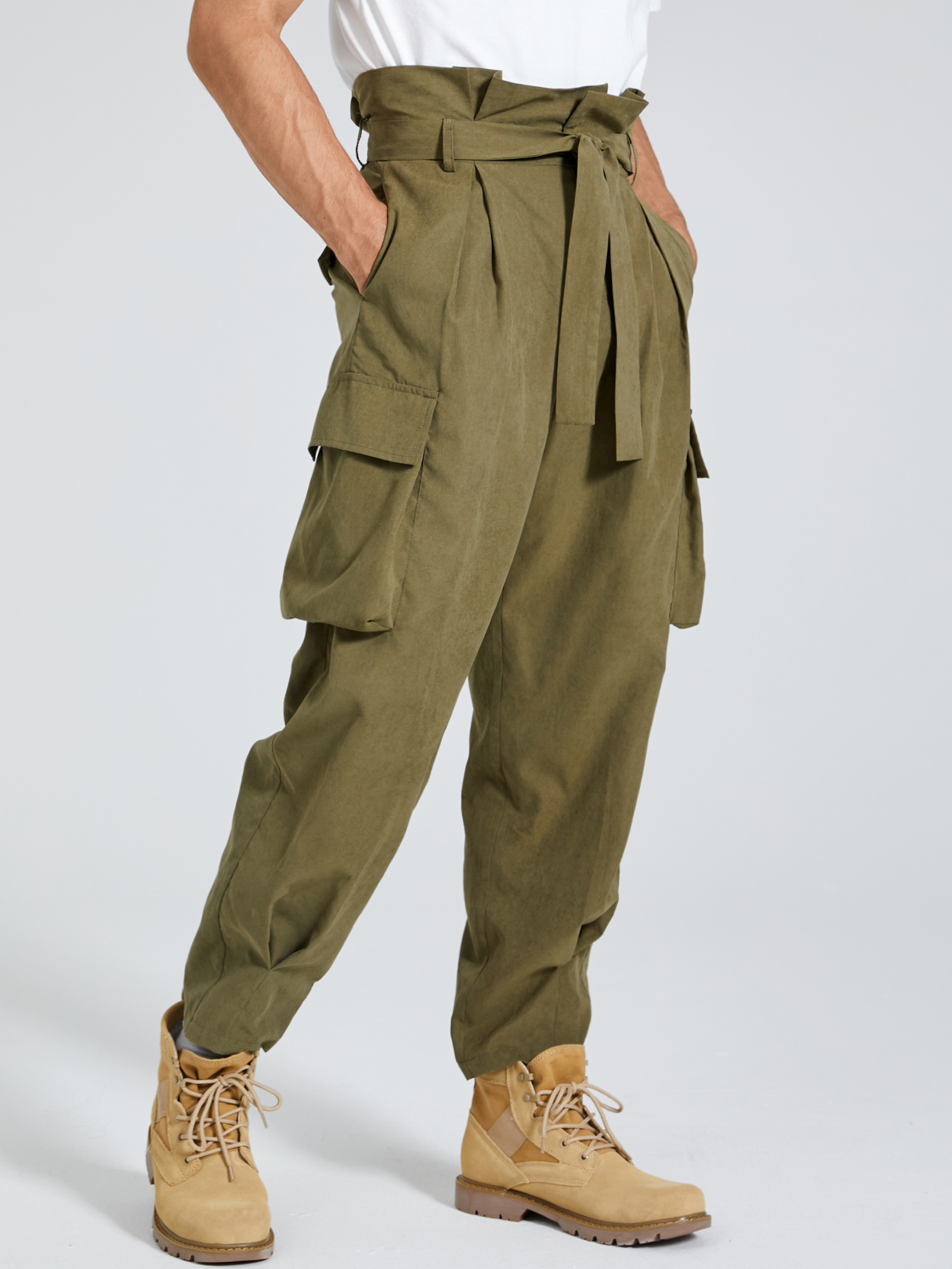 Men Fashion Pleated Knotted Belt Design High Waist Gurkha Pants