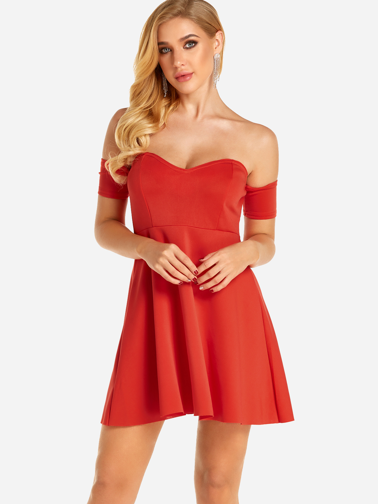 Orange Off The Shoulder Short Sleeves A-line Mini Dress