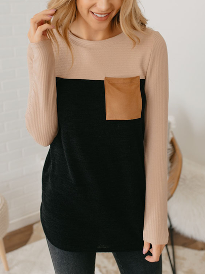 YOINS Black Button Design Round Neck Long Sleeves Tee