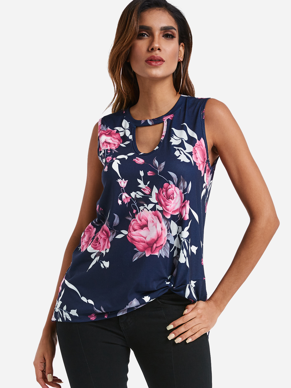 Navy Blue Cut Out Random Floral Print Crew Neck Knot Details Tank Top
