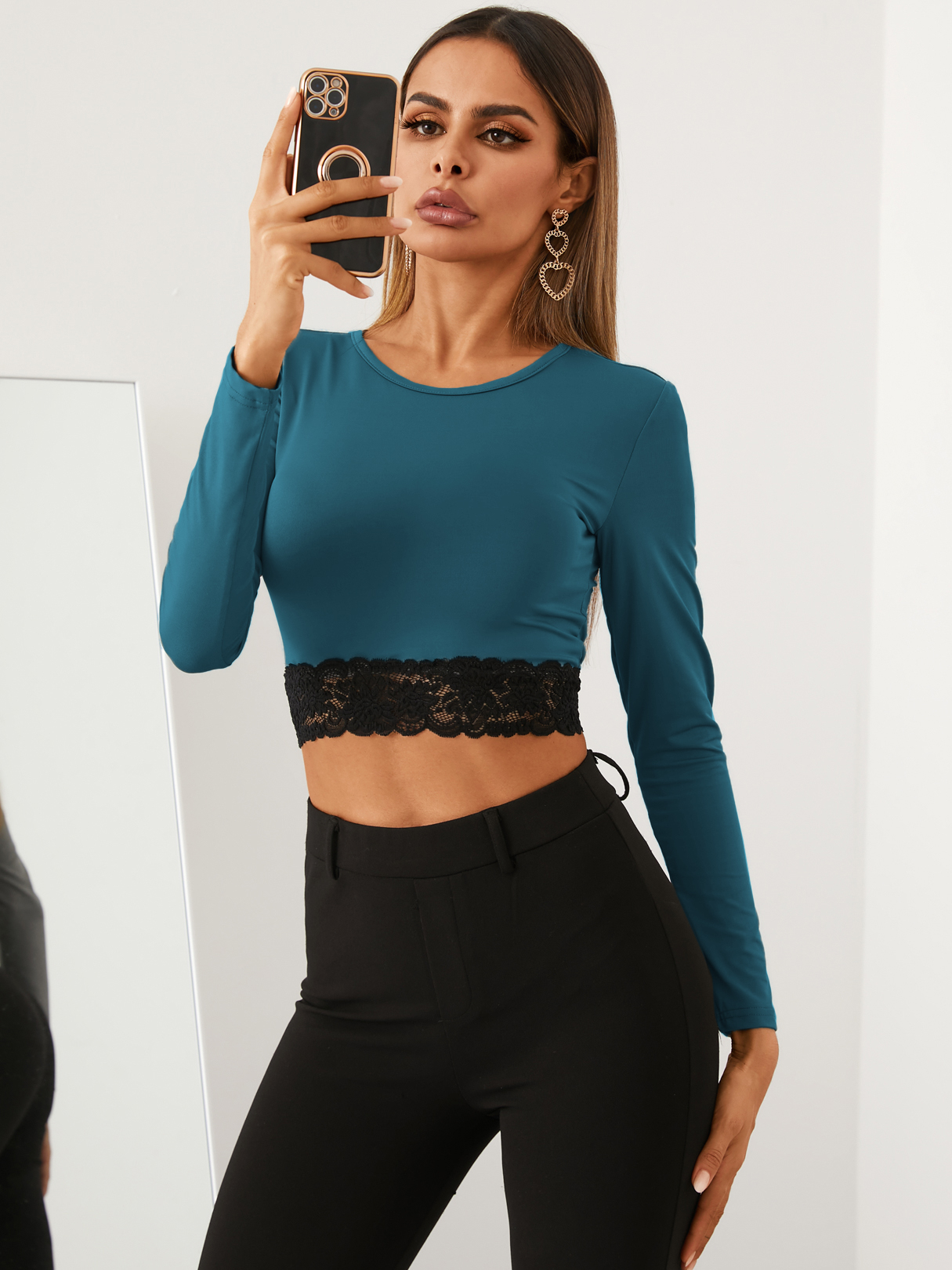 YOINS BASICS Women Crew neck Patchwork Plain Lace T-shirt