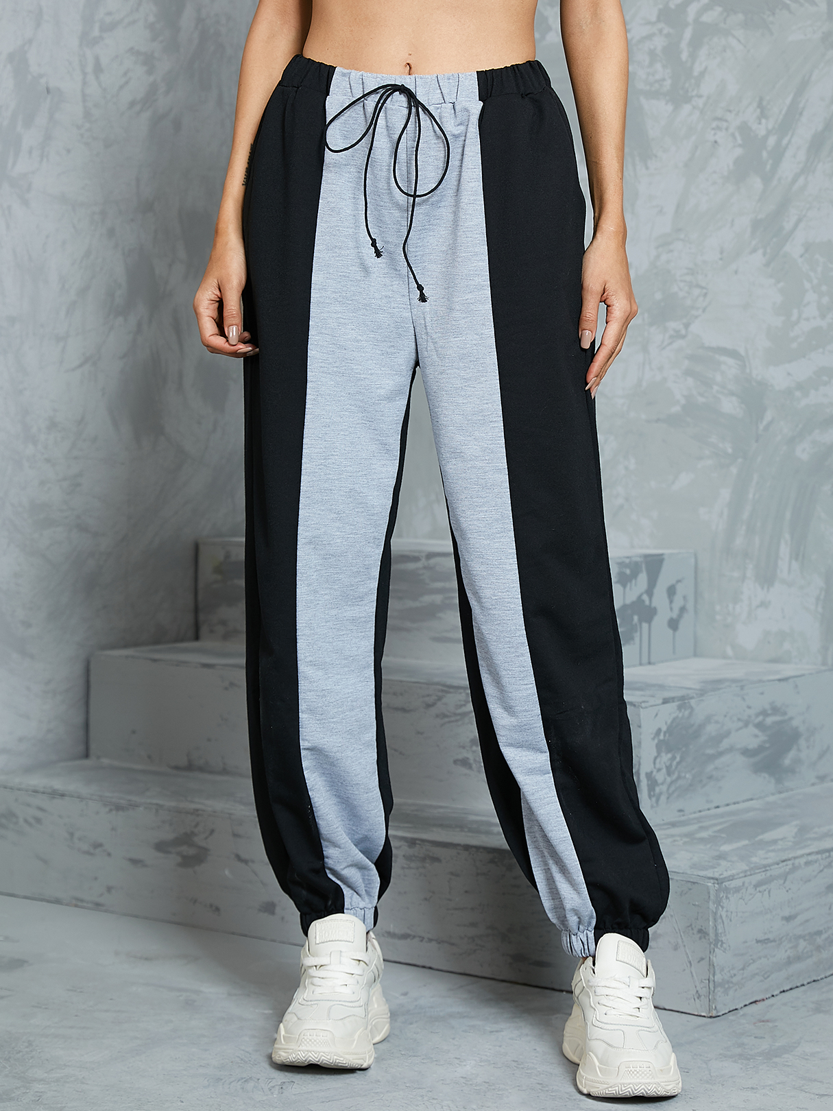 Black Patchwork Drawstring Waist Pants