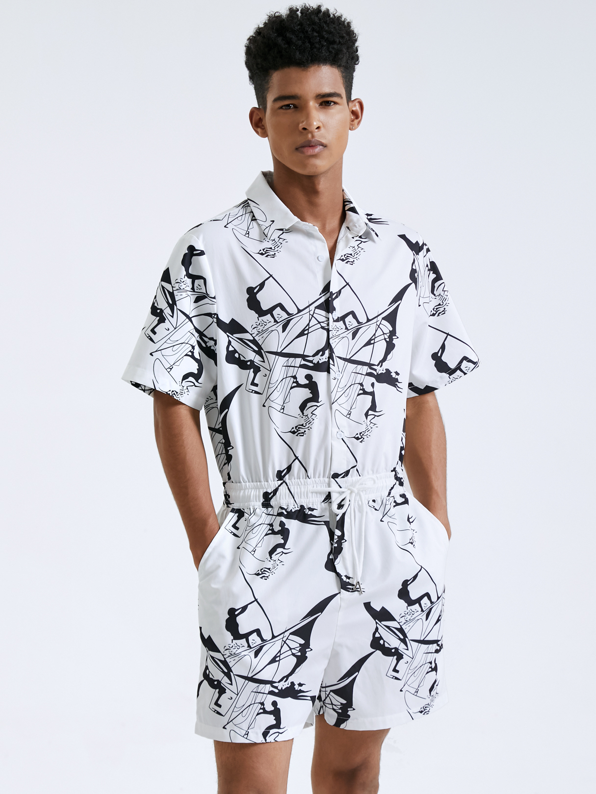 Men Casual Graphic All Over Print Short Sleeve Overalls Jumpsuit