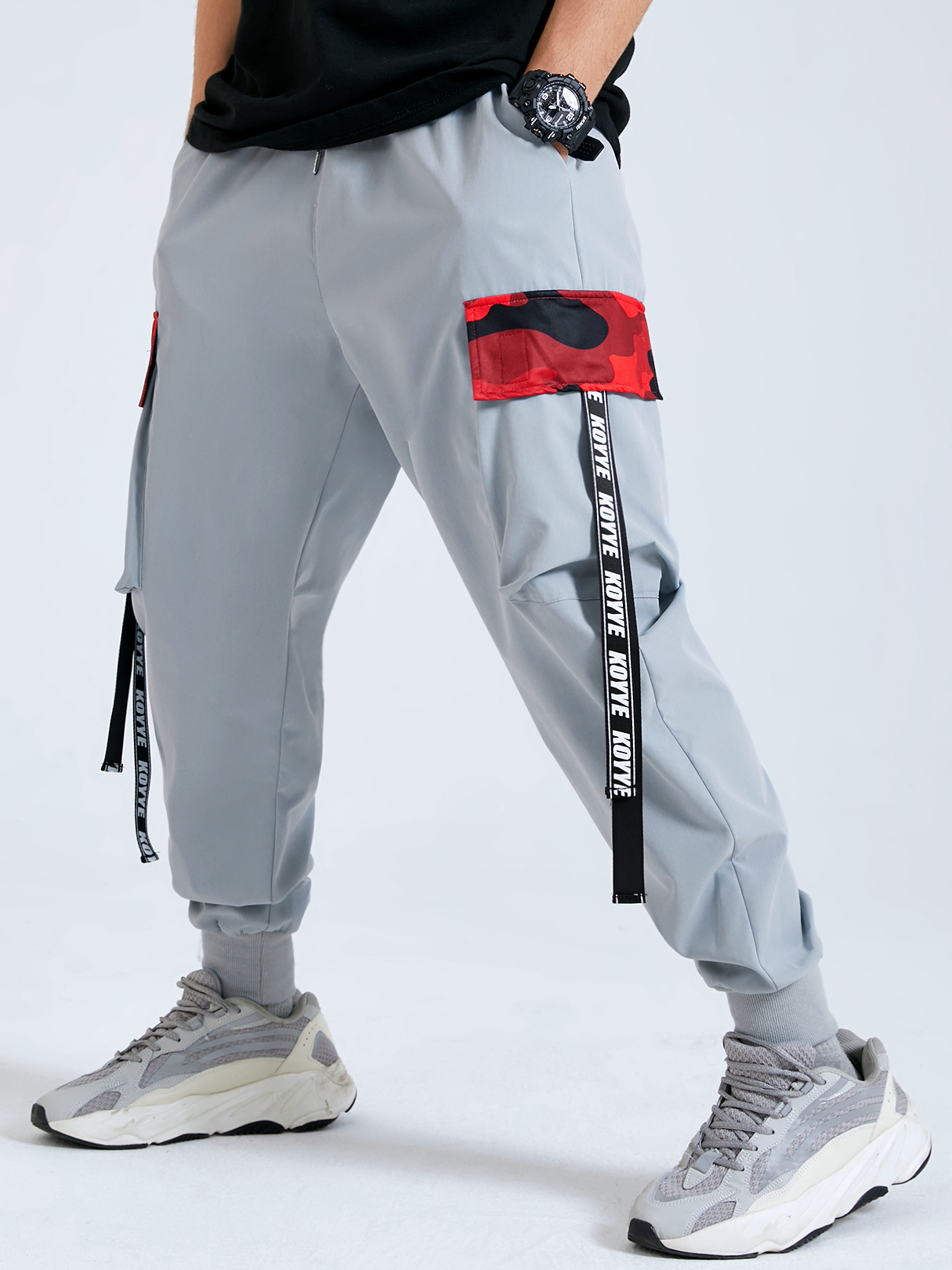Men Hip Hop Ribbon Multi-pocket Drawstring Waist Cargo Pants