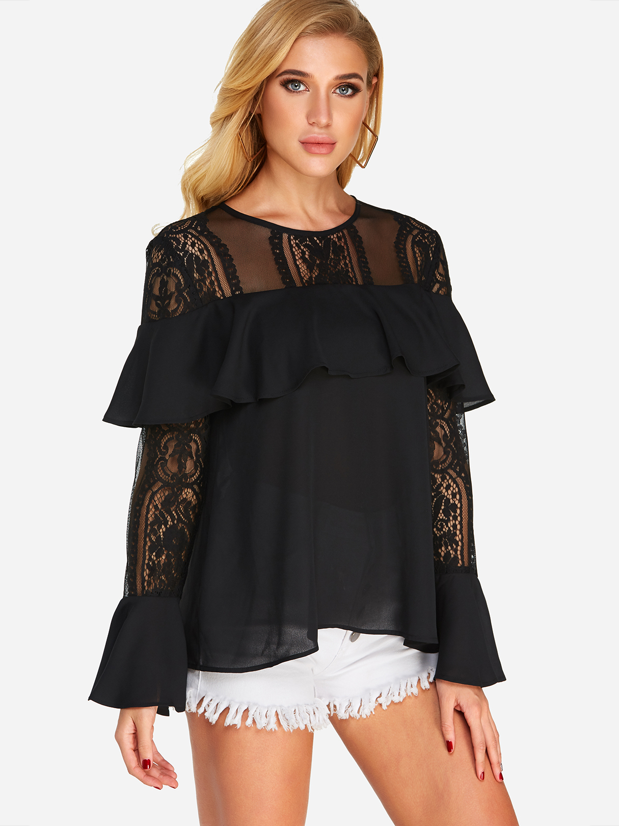 Black Tiered Design Round Neck Bell Sleeves Lace Insert Top