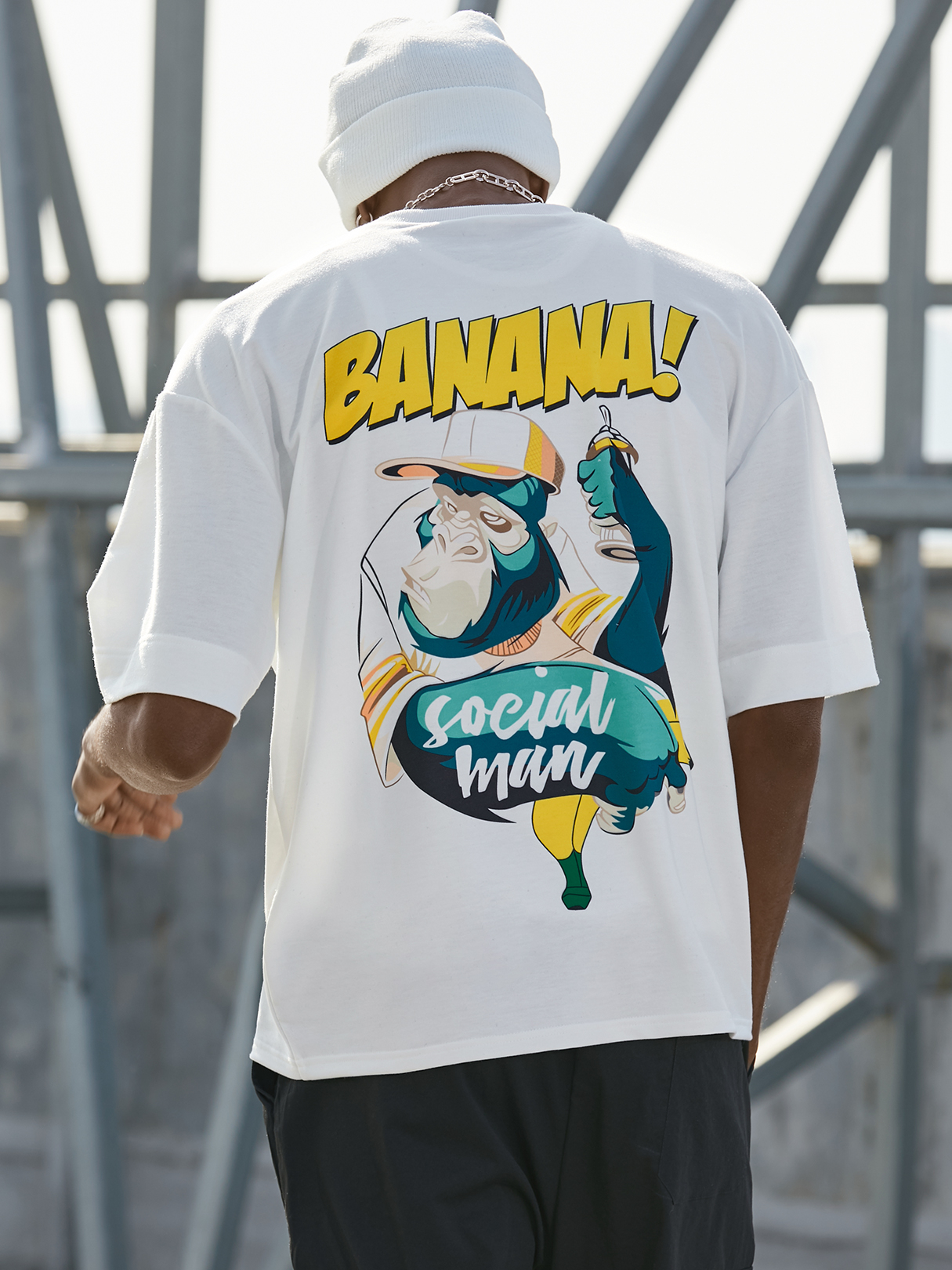 KOYYE Men Casual Letter Print Cartoon Print T-Shirt