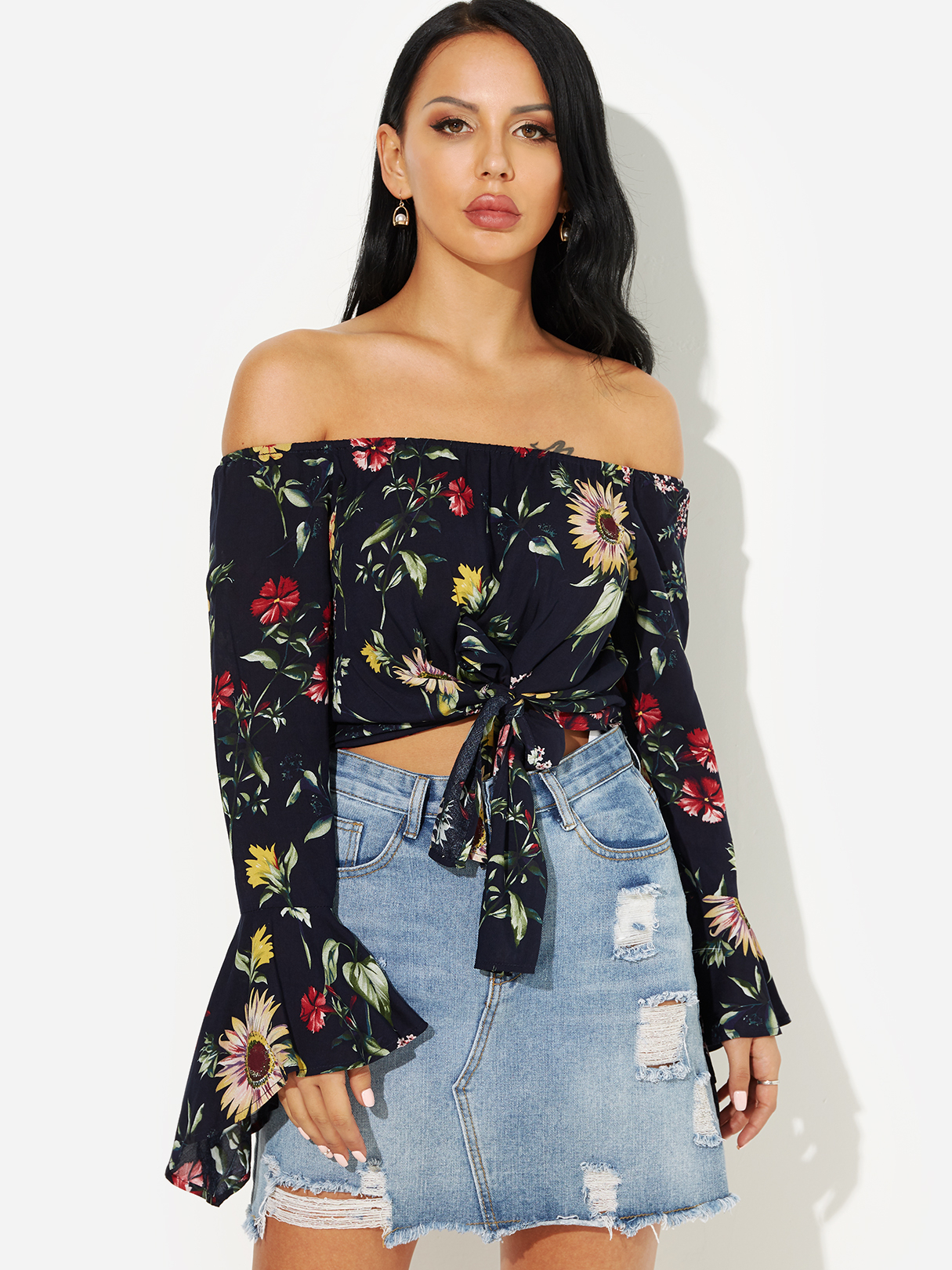Navy Off Shoulder Flared Sleeves Fashion Blouse