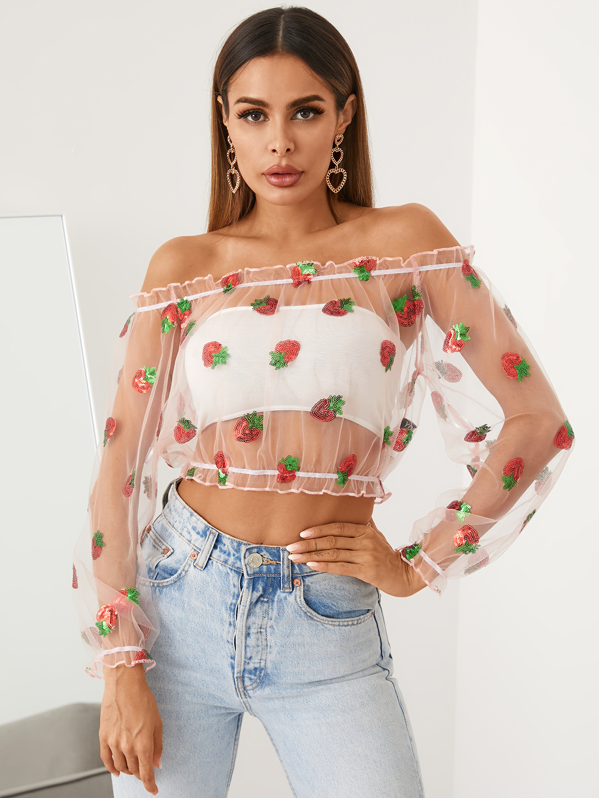 YOINS Pink Off The Shoulder Strawberry Pattern Long Sleeves Crop Top