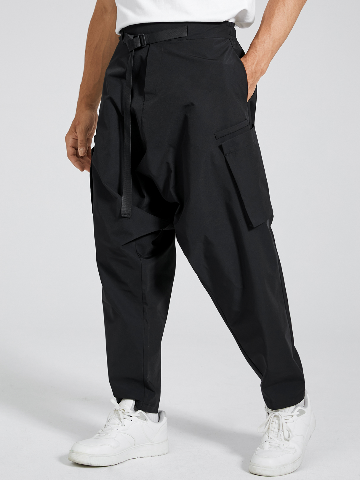 Men Casual Plain Ribbon Design Loose Elastic Waist Harem Pants
