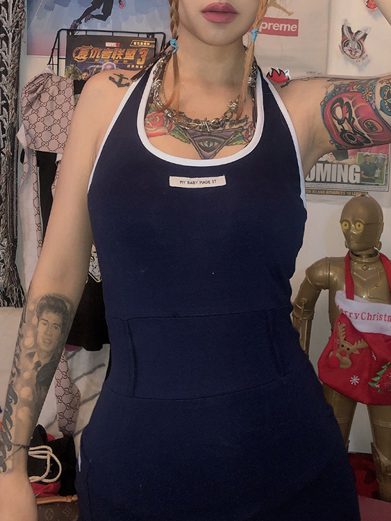Navy Letter Backless Design Slit Hem Halter Sleeveless Dress