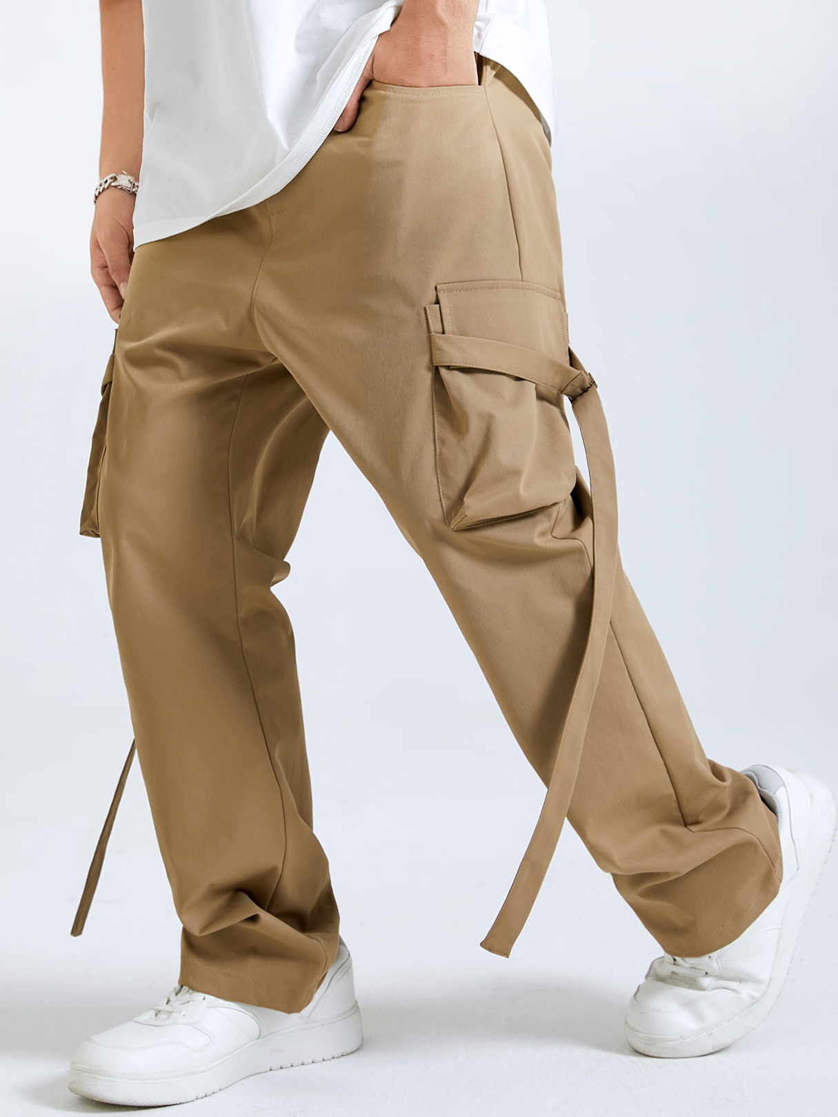 Men Casual Plain Zip Front Side Ribbon Straight Fit Cargo Pants