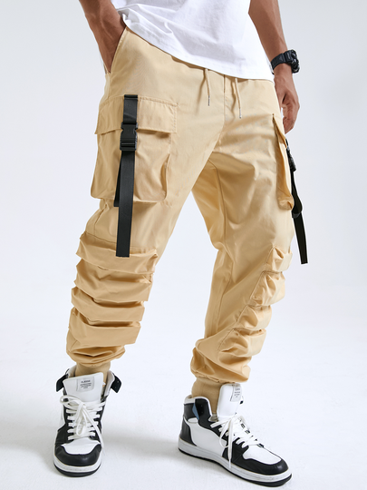 Men Plain Ribbon Design Multi-Pocket Drawstring Waist Cargo Pants