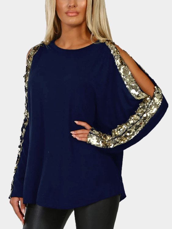 Navy Round Neck Long Sleeved with Cutout Gloss Sequins Top