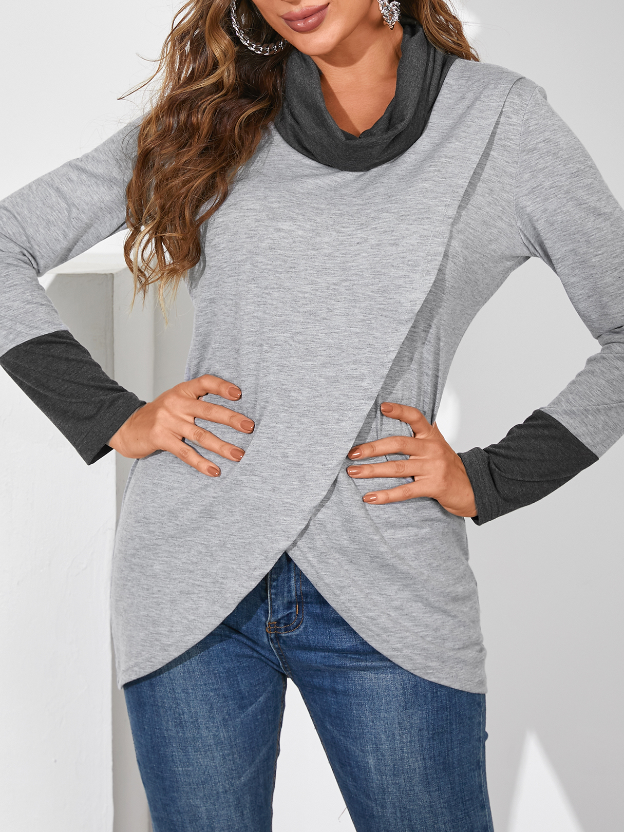 YOINS Grey Crossed Front Chimney Collar Long Sleeves Sweatshirt