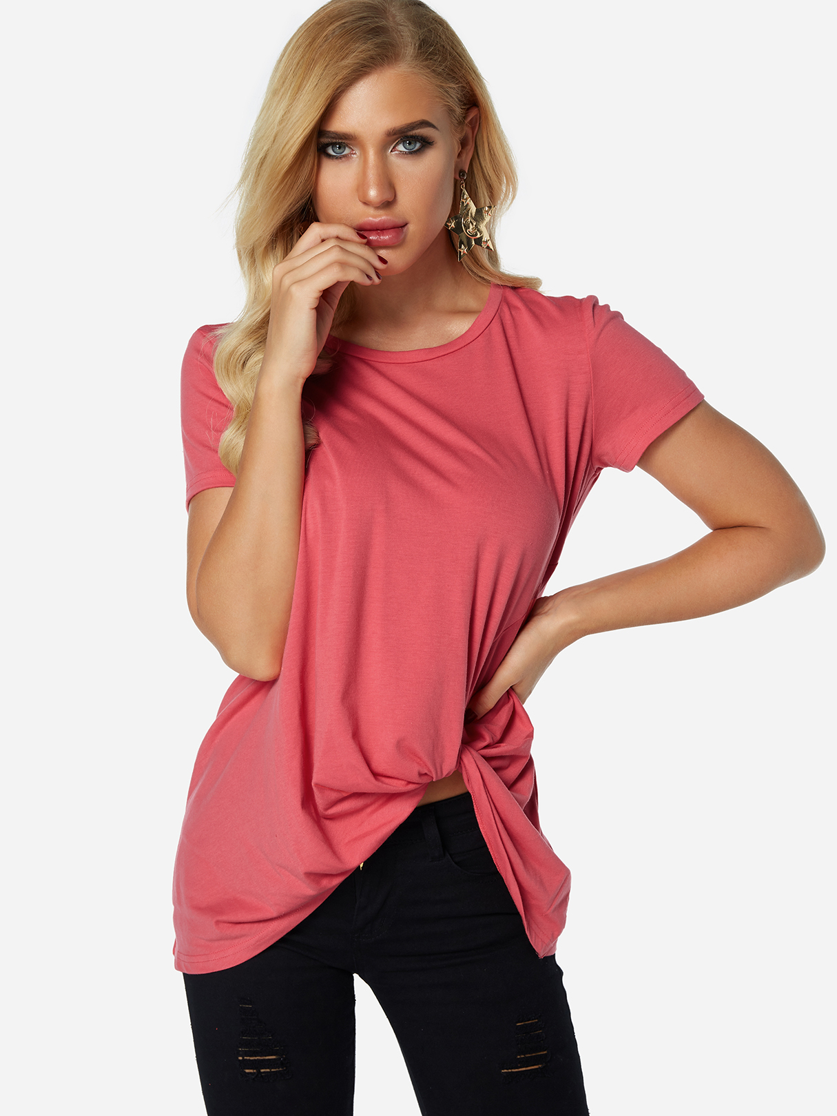 Rose Pleated Design Round Neck Short Sleeves T-shirts