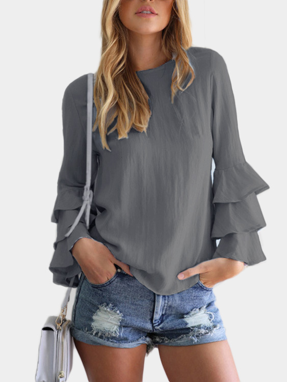 Grey Round Neck Flared Sleeves Blouse