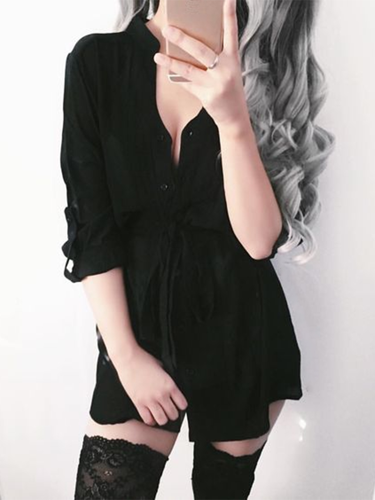 YOINS Black Front Button Belted Lapel Collar Long Sleeves Shirt Dress