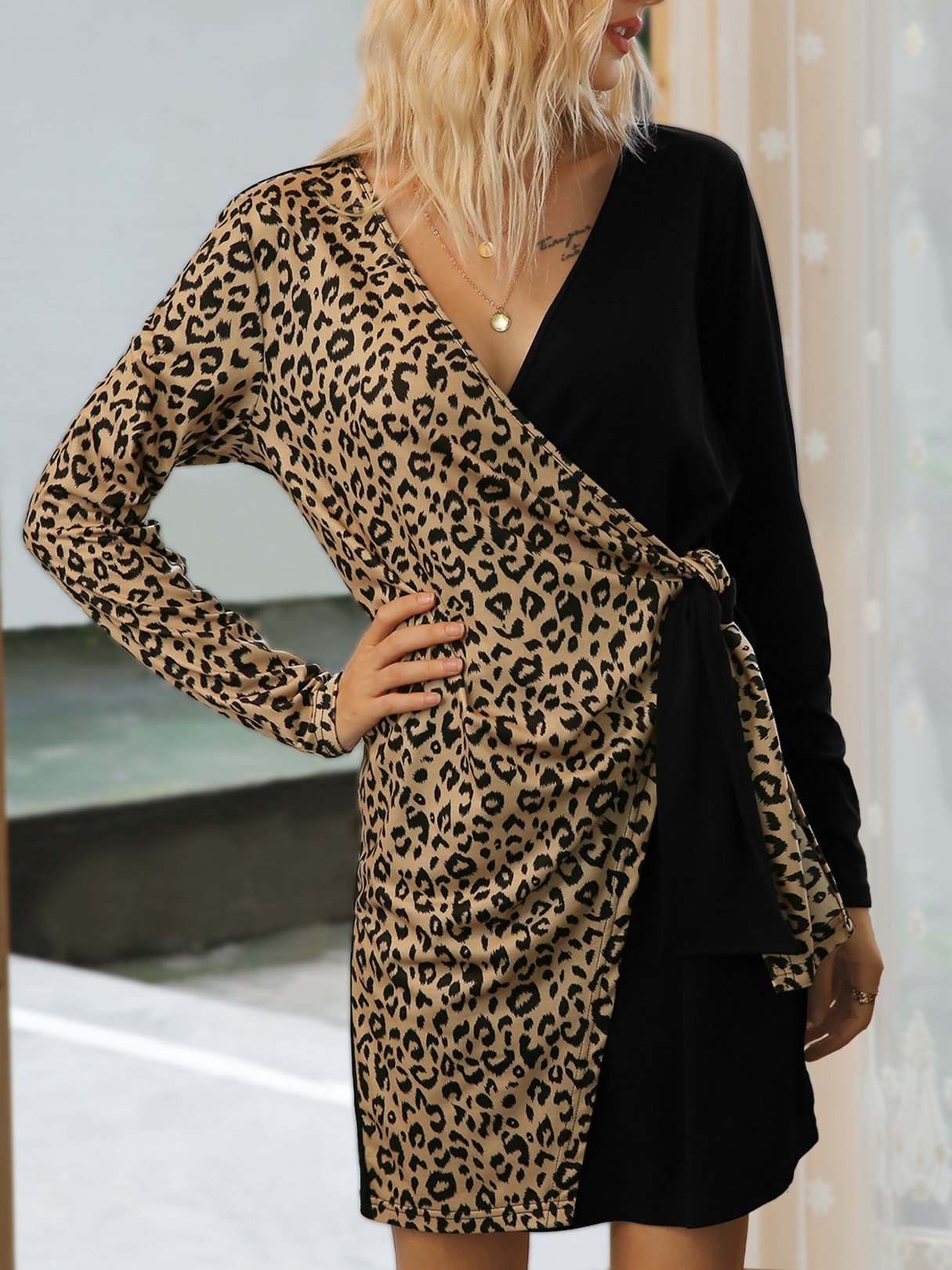 Casual Leopard Patchwork Lace-up V-neck Long Sleeves Dress
