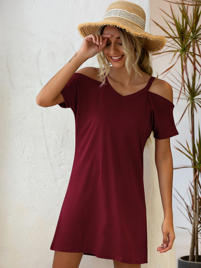 Casual Cold Shoulder Short Sleeves Mini Dress