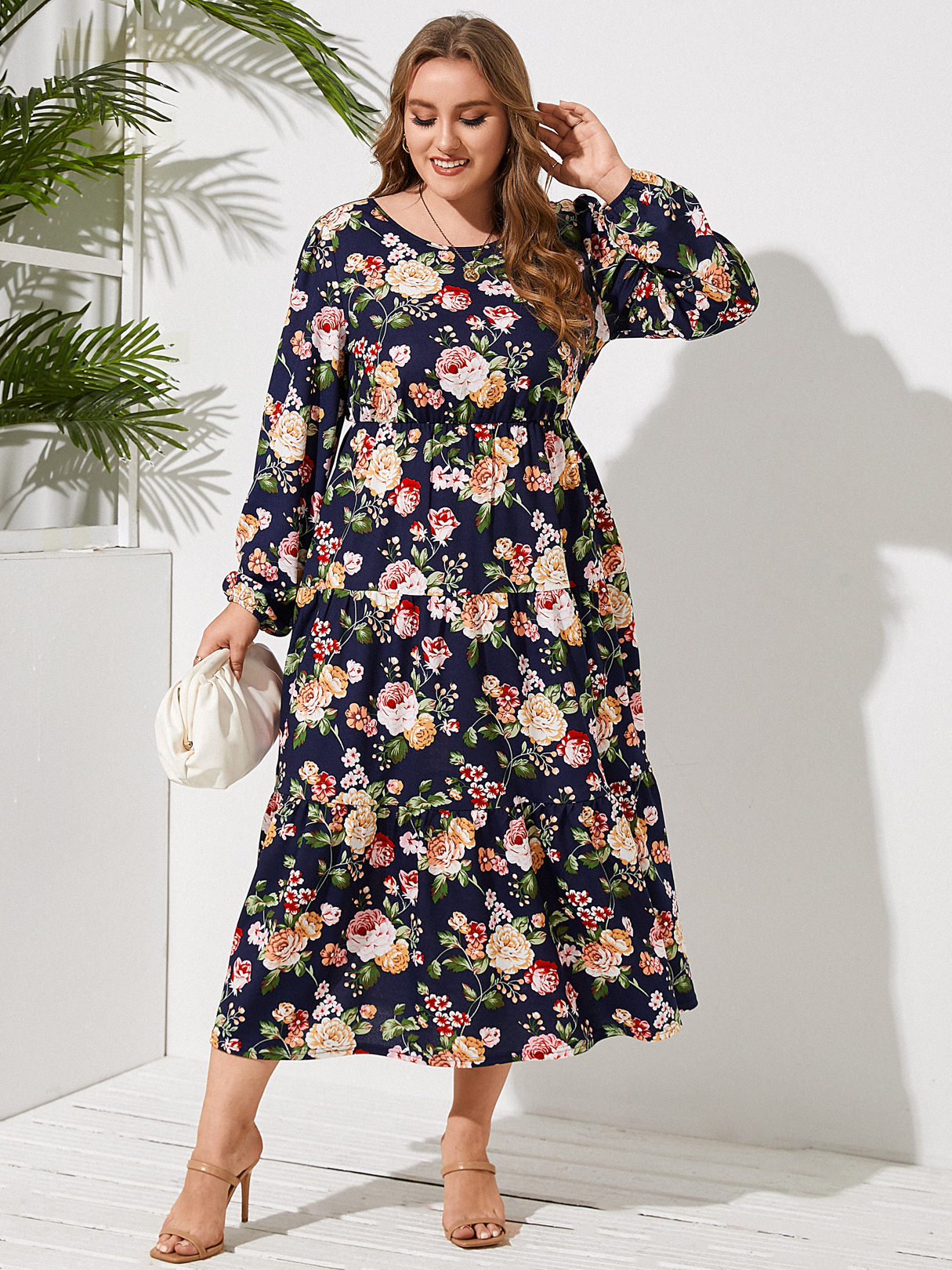 YOINS Plus Size Round Neck Floral Print Long Sleeves Dress